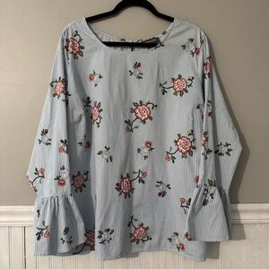 Alexander Jordan Women’s Blouse Long Ruffle Bell Sleeve Pinstripe Floral Size 1X